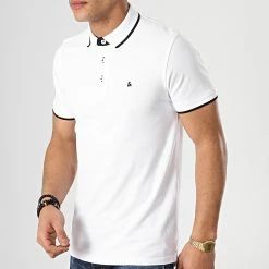 Nouveau 🥰 Polo Manches Courtes Paulos Blanc Noir de Jack And Jones 🤩