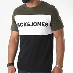 Le moins cher 😍 Tee 👕 Shirt Tricolore Logo Blocking Vert Kaki Blanc Noir de Jack And Jones 🛒
