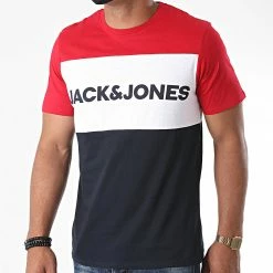 Coupon 👏 Tee 👚 Shirt Tricolore Logo Blocking Bleu Marine Blanc Rouge de Jack And Jones ❤️
