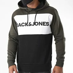 Promo 😍 Sweat Capuche Tricolore Logo Blocking Vert Kaki Blanc Noir de Jack And Jones 🔥