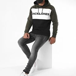 Promo 😍 Sweat Capuche Tricolore Logo Blocking Vert Kaki Blanc Noir de Jack And Jones 🔥 -Jack And Jones Soldes jack and jones 225345 12172344 FOREST NIGHT 20200713T155947 03