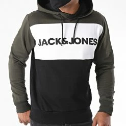 Promo 😍 Sweat Capuche Tricolore Logo Blocking Vert Kaki Blanc Noir de Jack And Jones 🔥 -Jack And Jones Soldes jack and jones 225345 12172344 FOREST NIGHT 20200713T155950 04