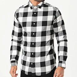 Bon marché ✨ Chemise Manches Longues Gingham Carreaux Blanc Noir de Jack And Jones 💯