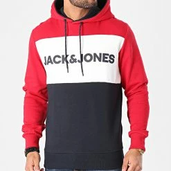 Offres 👏 Sweat Capuche Logo Blocking Bleu Marine Blanc Rouge de Jack And Jones 🥰