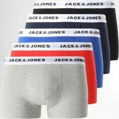 Meilleure vente 💯 Lot De 5 Boxers 12182064 Bleu Rouge Gris Chiné Noir de Jack And Jones 🤩