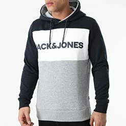 Meilleure affaire 👏 Sweat Capuche Logo Blocking Bleu Marine Gris Chiné Blanc de Jack And Jones ⭐