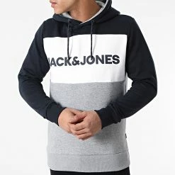 Meilleure affaire 👏 Sweat Capuche Logo Blocking Bleu Marine Gris Chiné Blanc de Jack And Jones ⭐ -Jack And Jones Soldes jack and jones 256454 12172344 NAVY BLAZER 20210316T162732 03