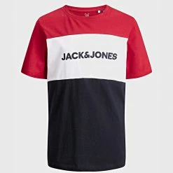 Grosses soldes ⌛ Tee 👚 Shirt Enfant Logo Block 12174282 Rouge Bleu Marine de Jack And Jones 🛒