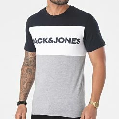 Coupon ✨ Tee 👚 Shirt Logo Blocking Gris Chiné Bleu Marine de Jack And Jones ❤️