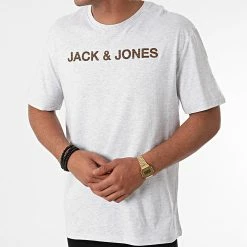 Promo ✨ Tee 👕 Shirt Brodi Gris Clair Chiné de Jack And Jones 😉 -Jack And Jones Soldes jack and jones 267089 12190039 WHITE MEL 20210615T144312 03