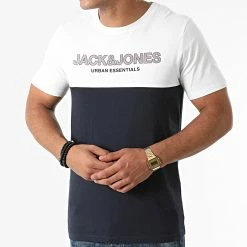 Meilleure vente 💯 Tee 👕 Shirt Urban Blocking Bleu Marine Blanc de Jack And Jones 🔔