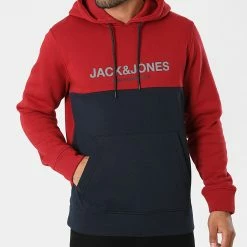 De gros 👍 Sweat Capuche Urban Blocking Bleu Marine Rouge de Jack And Jones 😀