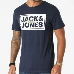 Grosses soldes 💯 Tee 👚 Shirt Tapes Bleu Marine de Jack And Jones 🔥