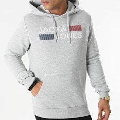 Budget ⭐ Sweat Capuche Corp Logo Gris Clair Chiné de Jack And Jones 👍