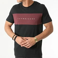 Offres 🔥 Tee 👕 Shirt Copenhagen Blocking Noir Bordeaux de Jack And Jones 😀