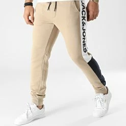 Nouveau ❤️ Pantalon Jogging A Bandes Will Logo Blocking Beige de Jack And Jones 💯