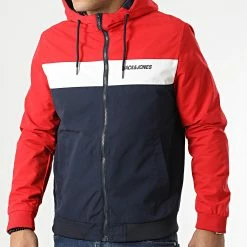 Tout neuf 🛒 Veste Zippée Capuche Tricolore Rush Blocking Bleu Marine Rouge Blanc de Jack And Jones 🤩
