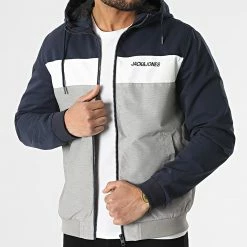 Grosses soldes 🥰 Veste Zippée Capuche Tricolore Rush Blocking Bleu Marine Gris Chiné de Jack And Jones 🎉