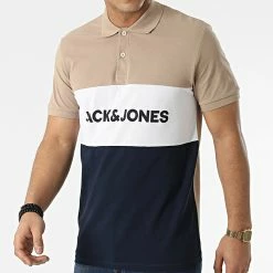 Budget 😍 Polo Manches Courtes Logo Blocking Beige Bleu Marine Blanc de Jack And Jones 🥰