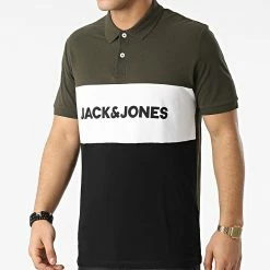 Meilleure affaire 😀 Polo Manches Courtes Logo Blocking Vert Kaki Noir Blanc de Jack And Jones 🤩