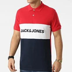 Budget 😀 Polo Manches Courtes Logo Blocking Rouge Bleu Marine Blanc de Jack And Jones ✔️