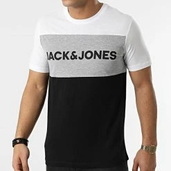Le moins cher 🛒 Tee 👕 Shirt Logo Blocking Noir Blanc Gris Chiné de Jack And Jones 🌟