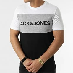 Le moins cher 🛒 Tee 👕 Shirt Logo Blocking Noir Blanc Gris Chiné de Jack And Jones 🌟 -Jack And Jones Soldes jack and jones 299434 12173968 WHITE 20220126T143636 03
