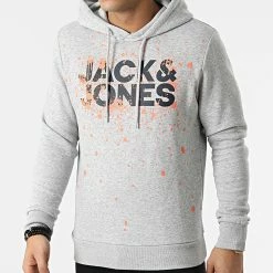 Offres 🤩 Sweat Capuche New Splash Gris Chiné de Jack And Jones ✔️