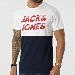 Promo 🎉 Tee 👚 Shirt Break Bleu Marine Blanc de Jack And Jones 🌟
