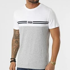 Meilleur prix 🔔 Tee 👕 Shirt Steve Gris Chiné Blanc de Jack And Jones 😍