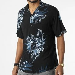 Le moins cher 😀 Chemise Manches Courtes Reggie Noir Bleu Marine Floral de Jack And Jones 🔥