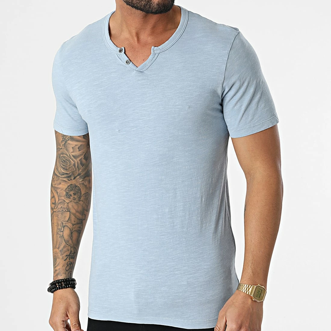 Offres 😉 Tee 👕 Shirt Split Neck Bleu Clair Chiné de Jack And Jones 👏 1 Offres 😉 Tee 👕 Shirt Split Neck Bleu Clair Chiné de Jack And Jones 👏