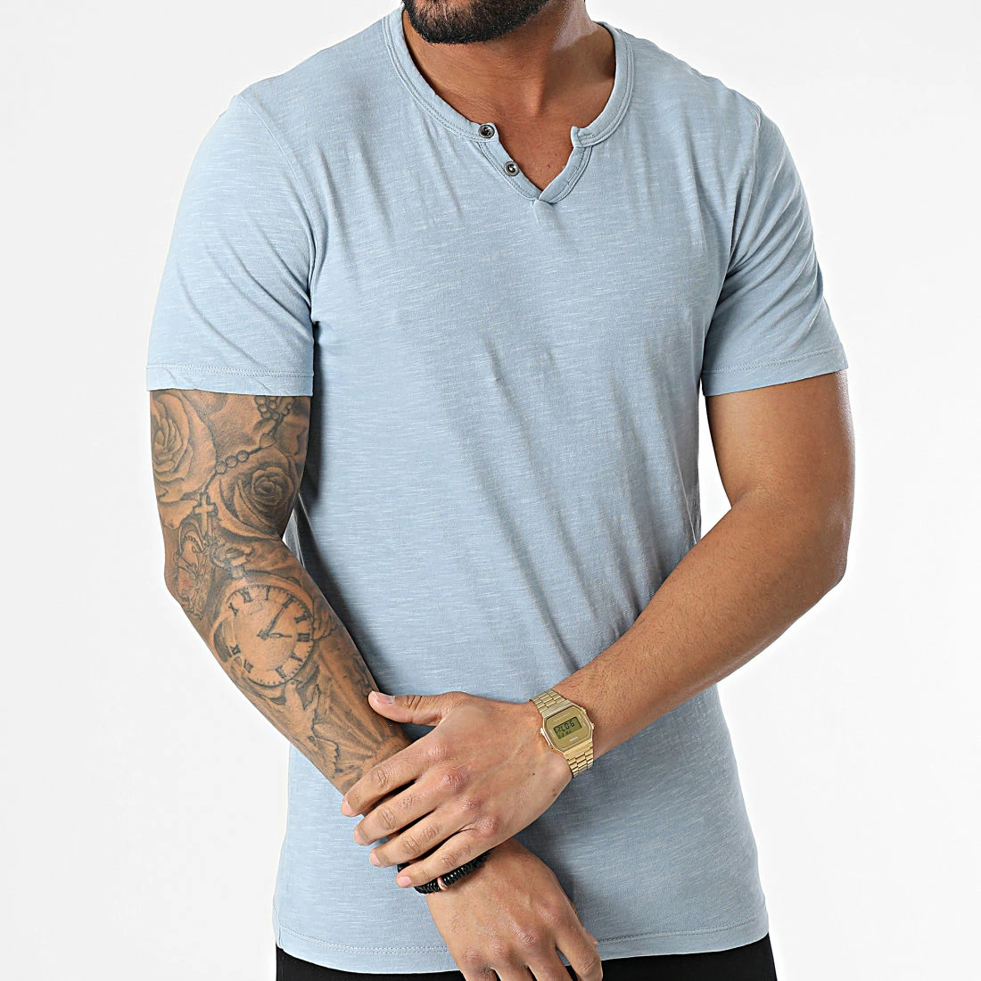 Offres 😉 Tee 👕 Shirt Split Neck Bleu Clair Chiné de Jack And Jones 👏 3 Offres 😉 Tee 👕 Shirt Split Neck Bleu Clair Chiné de Jack And Jones 👏 – Image 3