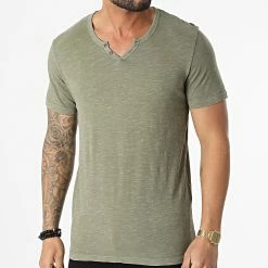 Bon marché 😍 Tee 👚 Shirt Split Neck Vert Kaki Chiné de Jack And Jones ✨