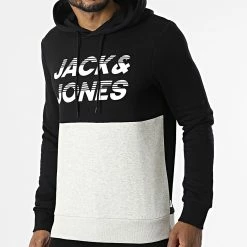 Bon marché 👏 Sweat Capuche Break Noir Gris Chiné de Jack And Jones 😉