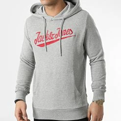 Meilleur prix 🛒 Sweat Capuche Structure Embroidery Gris Chiné de Jack And Jones 👏