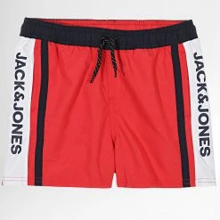 Remise 🛒 Short De Bain Enfant A Bandes Crete Rouge de Jack And Jones 👏