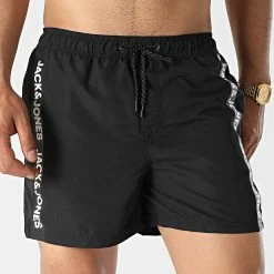 Promo 💯 Short De Bain A Bandes Bali Noir de Jack And Jones 🌟 -Jack And Jones Soldes jack and jones 319052 12183810 BLACK WHITE BAND 20220523T122714 03