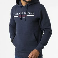 Remise ❤️ Sweat Capuche Glow Bleu Marine de Jack And Jones ⭐ -Jack And Jones Soldes jack and jones 319238 12218478 NAVY BLAZER 20220518T143342 03