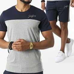 Tout neuf 🛒 Ensemble Tee 👕 Shirt Et Short Jogging Blocking Gris Chiné Bleu Marine de Jack And Jones ✨