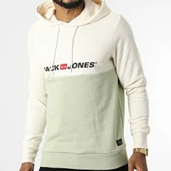 Nouveau 🎉 Sweat Capuche Corp Block Beige Vert Kaki de Jack And Jones 😉