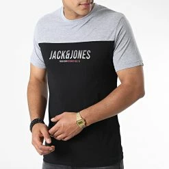 Nouveau ⭐ Tee 👚 Shirt Dan Blocking Noir Gris Chiné de Jack And Jones 🔔