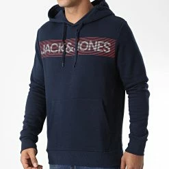 Offres 👍 Sweat Capuche Corp Logo 12152840 Bleu Marine de Jack And Jones 👏