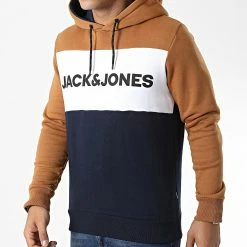 Remise 👏 Sweat Capuche Logo Blocking 12172344 Bleu Marine Marron de Jack And Jones ⭐