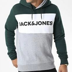 Budget 😍 Sweat Capuche 12172344 Gris Chiné Vert Blanc de Jack And Jones 🔔