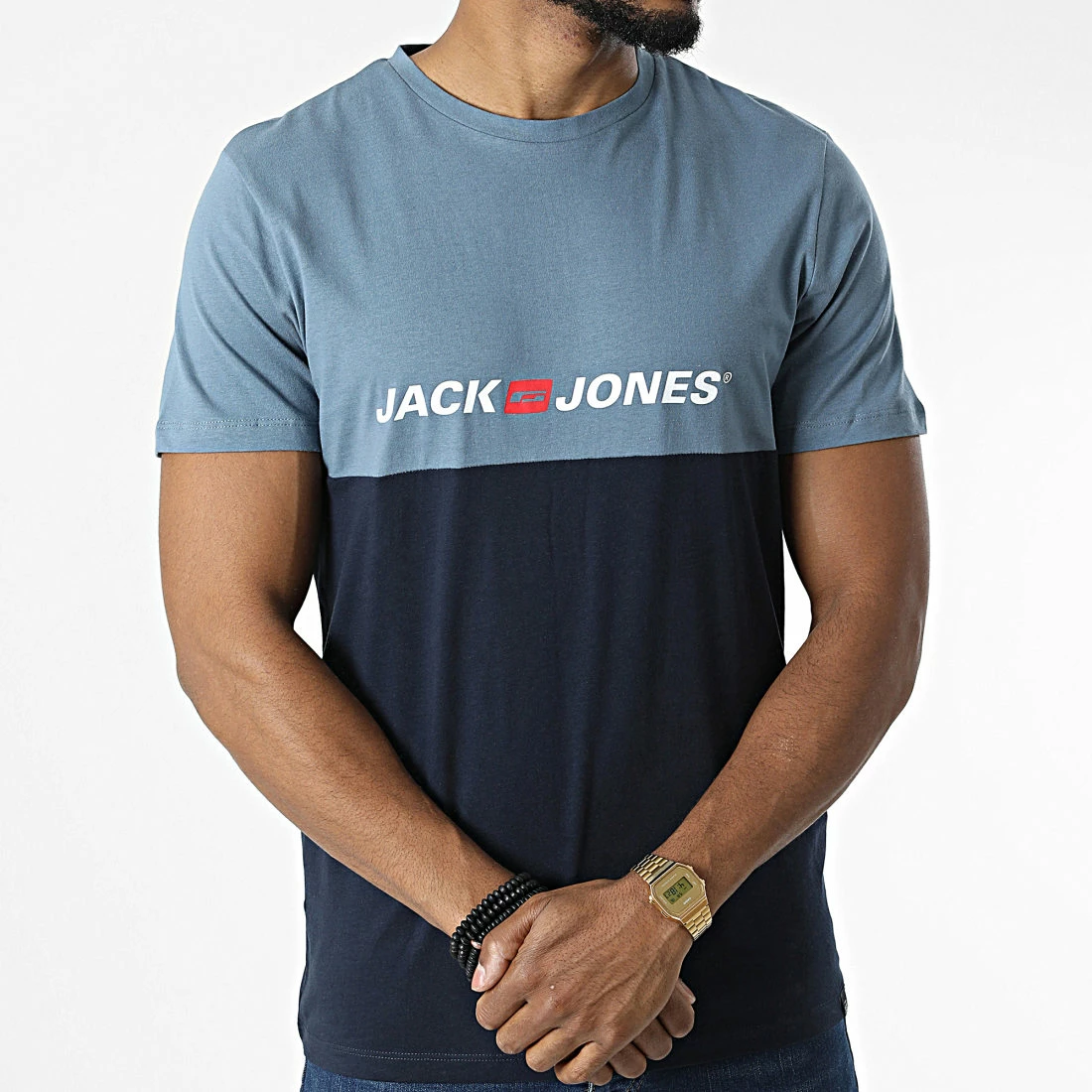 Promo 😀 Tee 👕 Shirt Corp Block Bleu Marine Bleu Clair de Jack And Jones 💯 1 Promo 😀 Tee 👕 Shirt Corp Block Bleu Marine Bleu Clair de Jack And Jones 💯