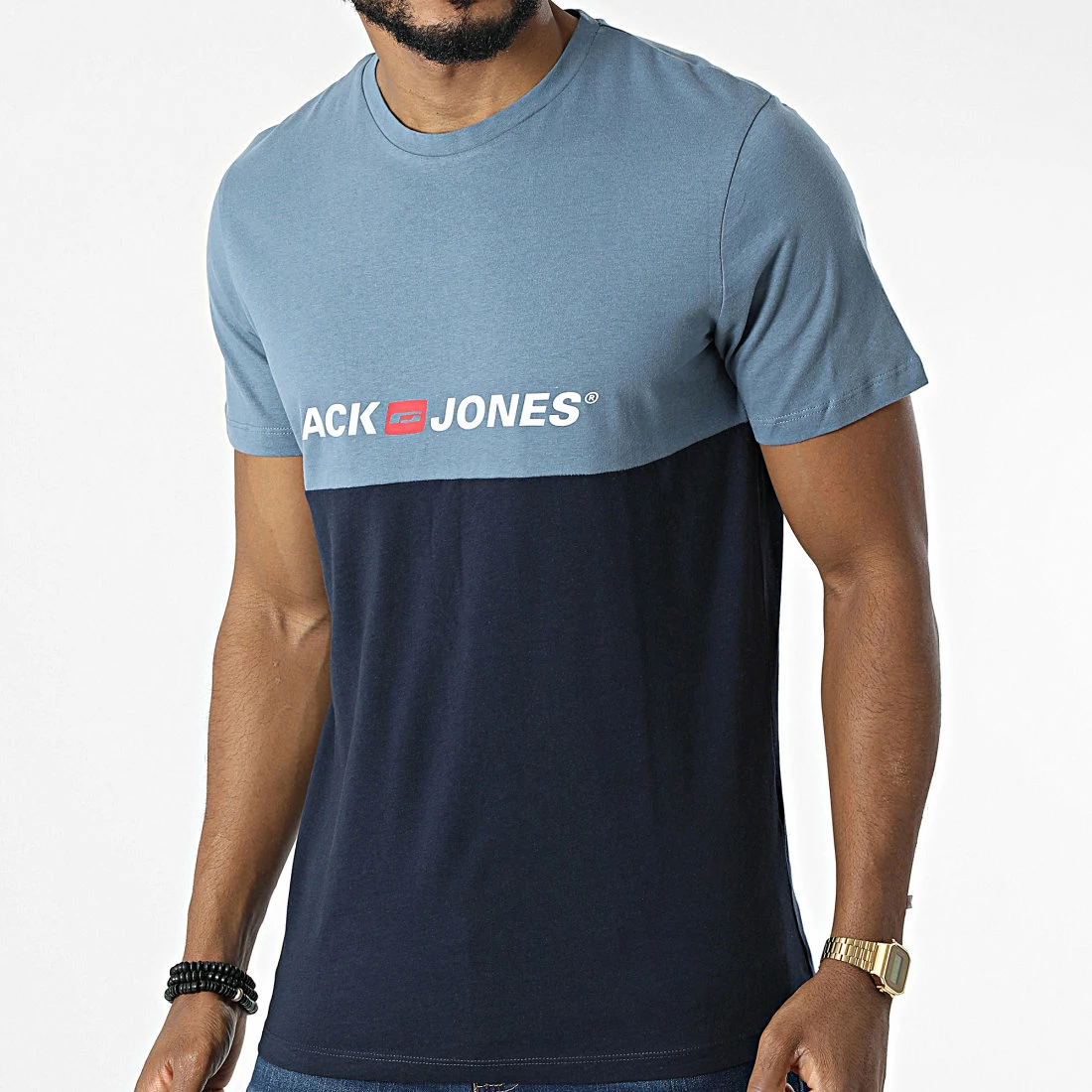 Promo 😀 Tee 👕 Shirt Corp Block Bleu Marine Bleu Clair de Jack And Jones 💯 3 Promo 😀 Tee 👕 Shirt Corp Block Bleu Marine Bleu Clair de Jack And Jones 💯 – Image 3