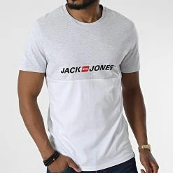 Remise ❤️ Tee 👚 Shirt Corp Block Blanc Gris Chiné de Jack And Jones 🤩 -Jack And Jones Soldes jack and jones 326806 12213332 WHITE MEL 20220817T093619 03