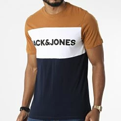 Budget ✔️ Tee 👕 Shirt Logo Blocking Bleu Marine Blanc Camel de Jack And Jones ⌛