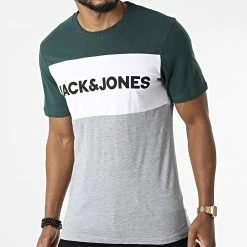 Remise 😀 Tee 👕 Shirt Logo Blocking Gris Chiné Blanc Vert de Jack And Jones 🧨